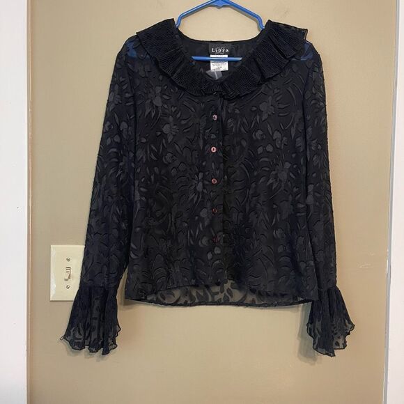 Libra Vintage Sheer Floral Textured Black Frill Cuff Button Up Blouse Medium - Picture 1 of 13